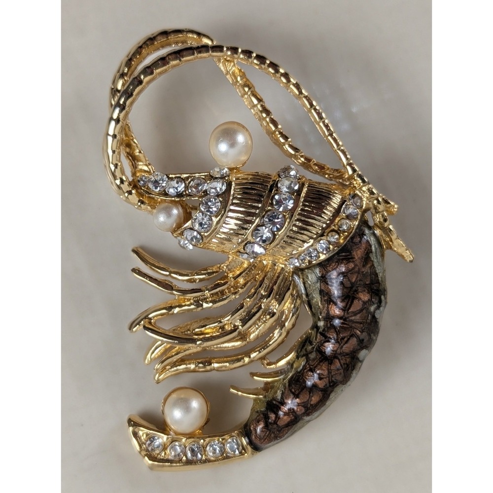 St John SJ Gold‎ Tone Shrimp Brooch Rhinestone Faux Pearl Nautical Pin